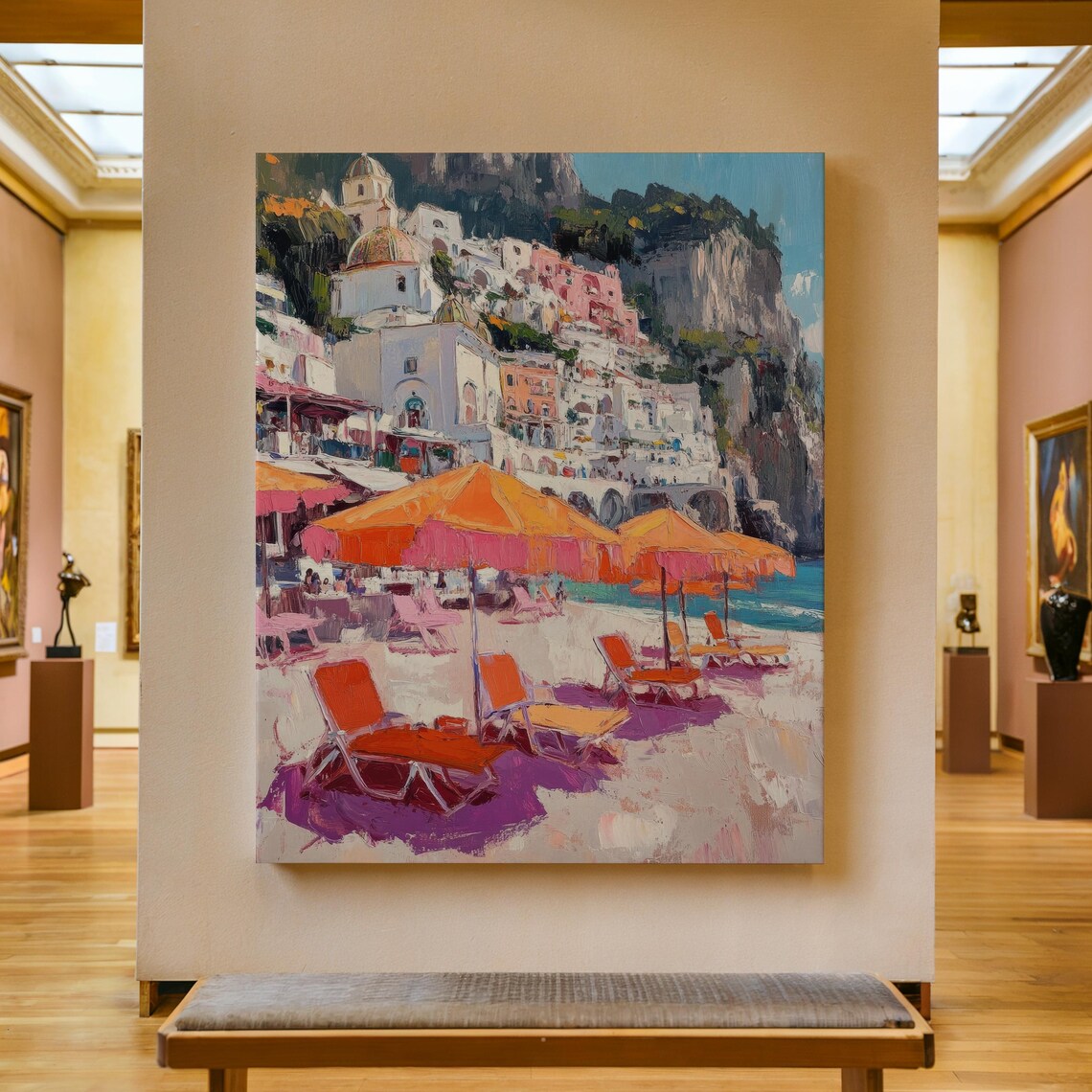 Positano Hillside Town Beach Umbrellas Canvas Painting Poster