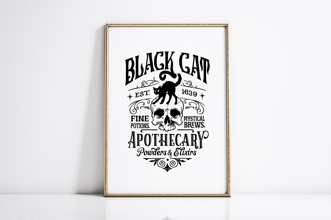 Black Cat Apothecary Skull Est 1639 Potions Vintage Halloween Poster - Image 4