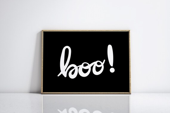 Boo Script Halloween Typography Black White Minimalist Art Poster