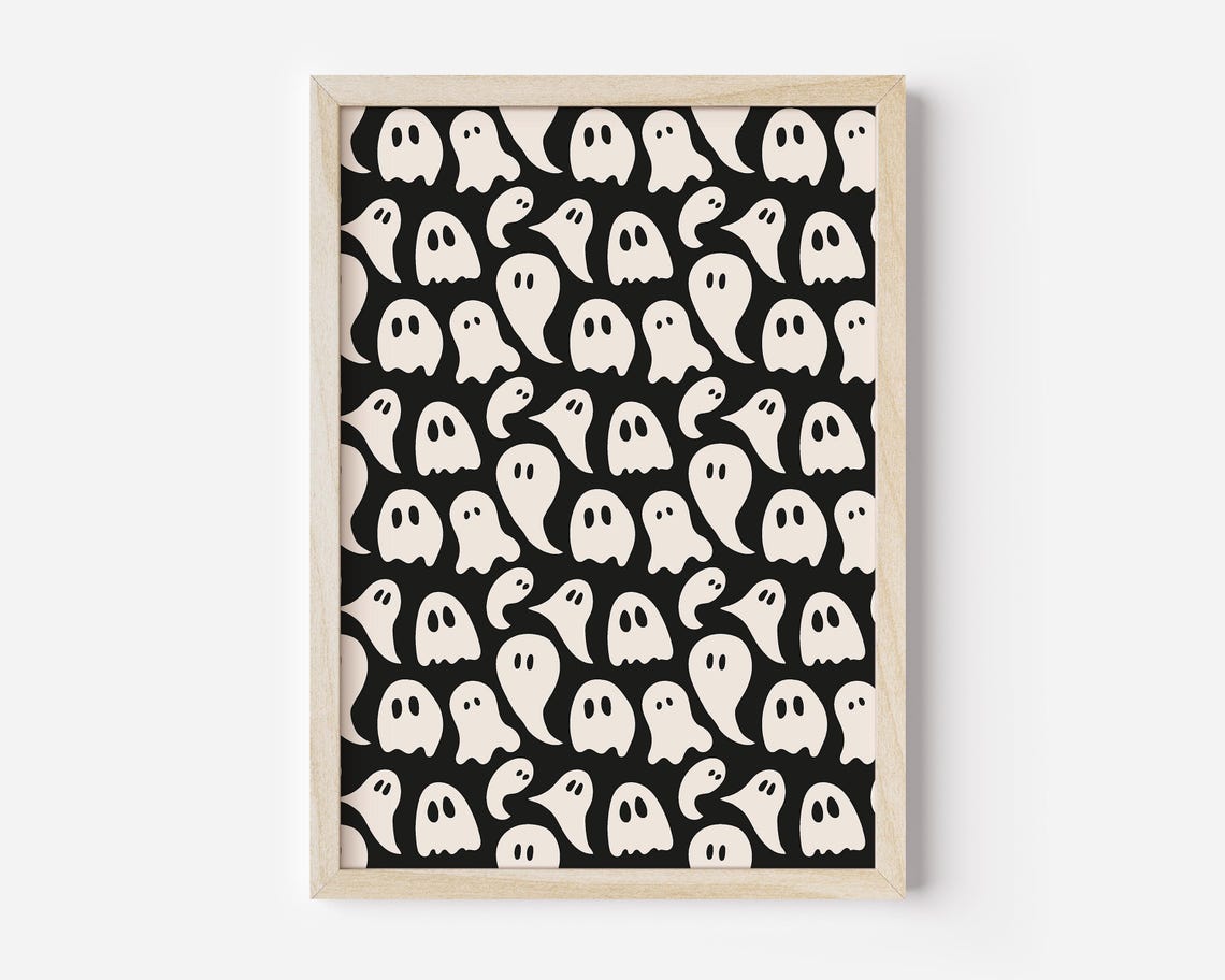 Cute White Ghosts Pattern Halloween Black Background Art Poster - Image 3