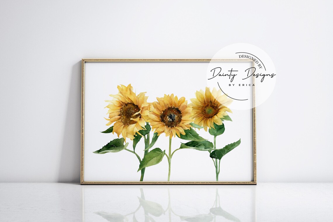 Three Bright Yellow Watercolor Sunflowers Fall Floral Botanical Art Print