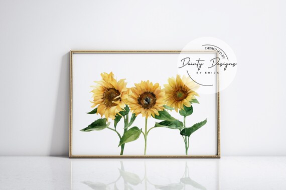 Three Bright Yellow Watercolor Sunflowers Fall Floral Botanical Art Print