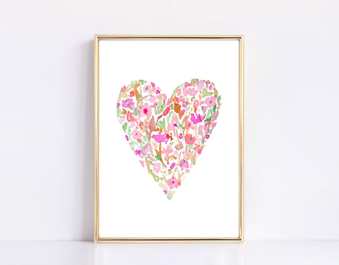 Valentines Day Wall Art Heart Print Floral Watercolor Heart Print Floral Heart Print Farmhouse Heart Print Pink Heart Print