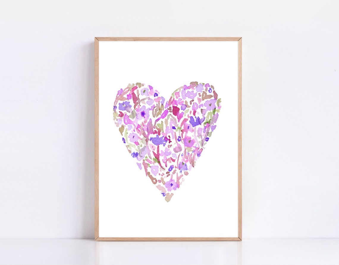Valentines Day Wall Art Heart Print Floral Watercolor Heart Floral Heart Print Watercolor Heart Print Purple Heart Print - Image 2