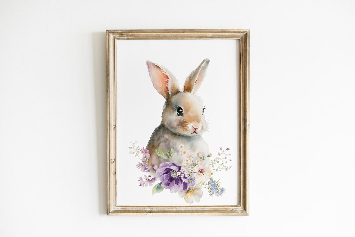 Watercolor Bunny Rabbit with Flowers Easter Spring Nursery Art Print - Image 3