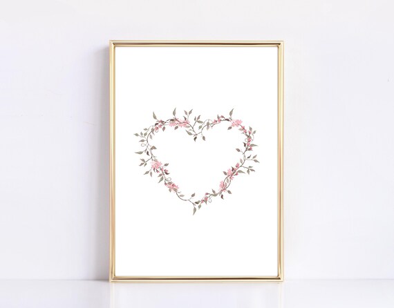 Pink Blossom Heart Wreath Watercolor Valentine Floral Poster