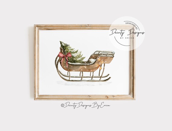 Vintage Christmas Sleigh Watercolor Print Tree Red Bow Holiday Decor