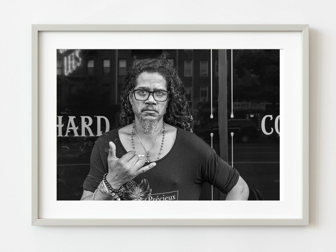 Man Making Shaka Hand Gesture New York City Black and White Photo Print