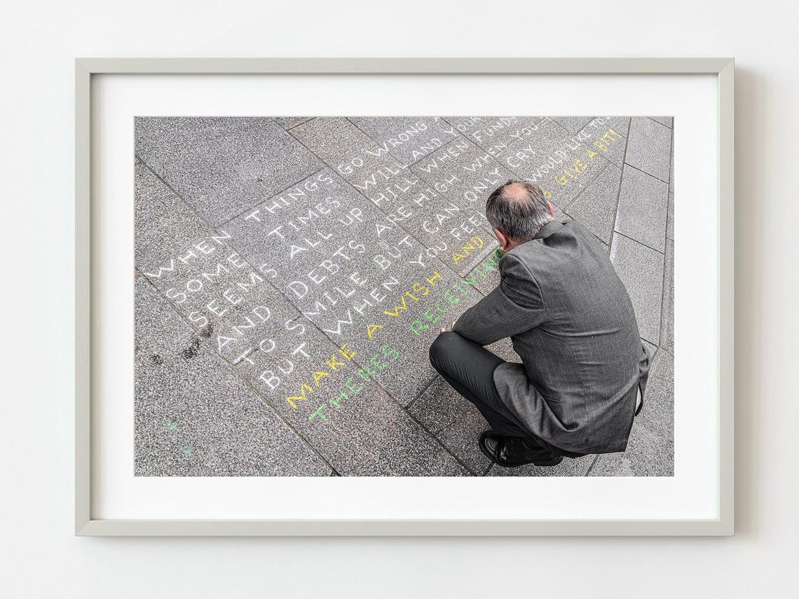 Man Writing Message On Sidewalk Chalk Street Art Photo Poster