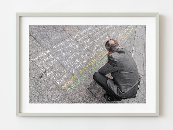 Man Writing Message On Sidewalk Chalk Street Art Photo Poster