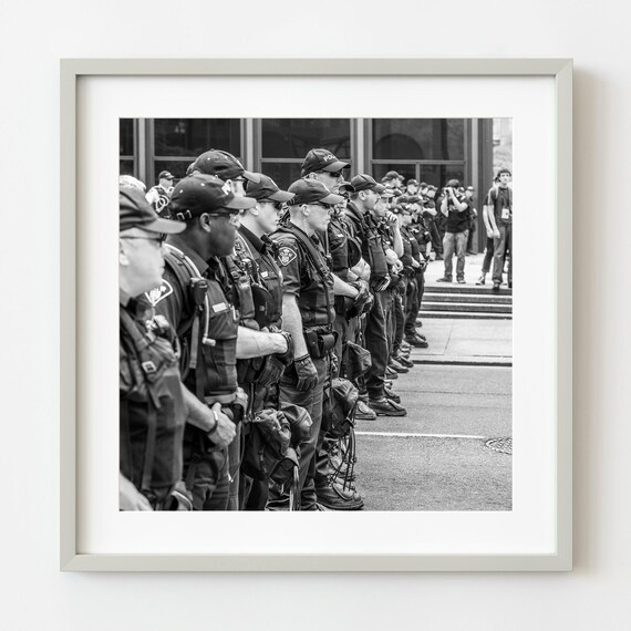 Long Line Of Police Officers Black And White Street Photography Poster