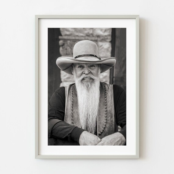 Bearded Cowboy in Western Hat Black and White Portrait Poster