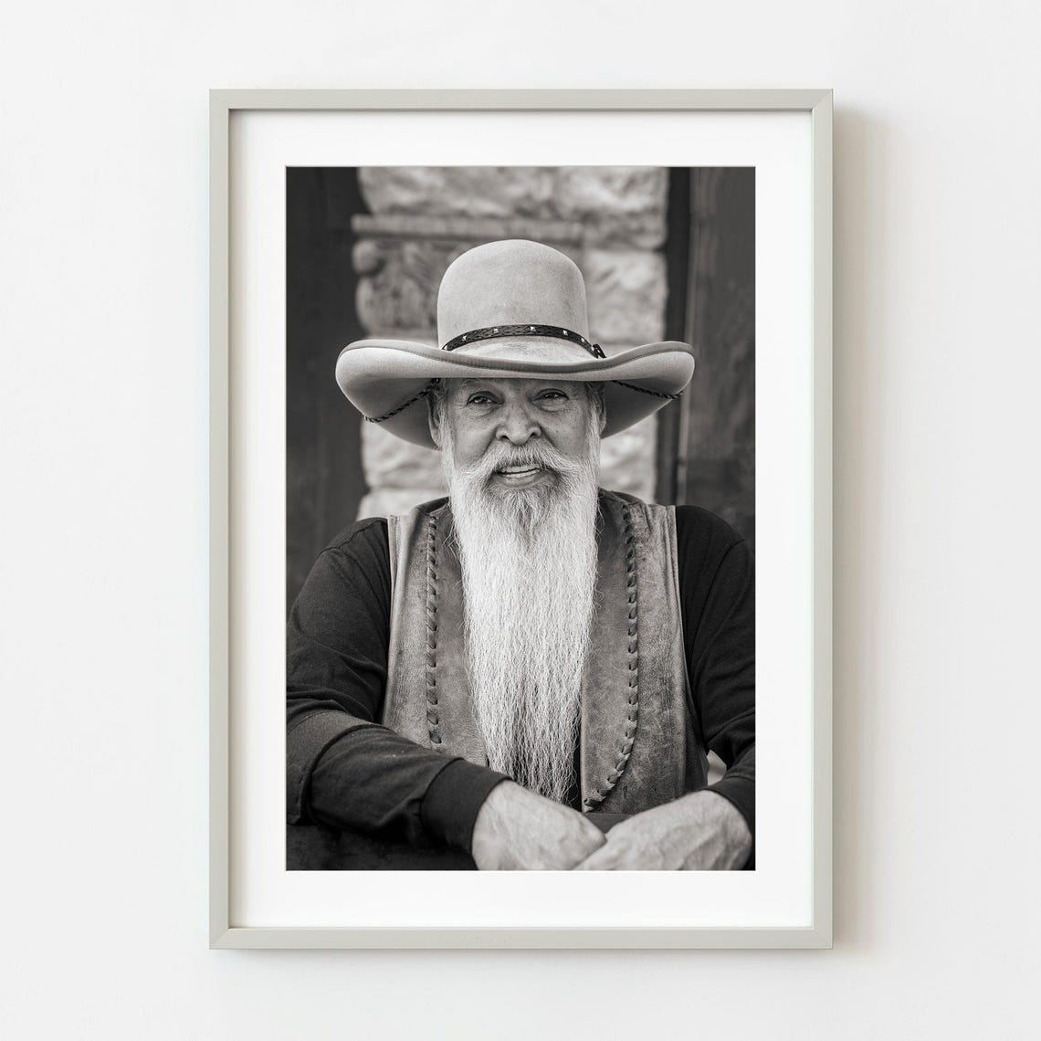 Bearded Cowboy in Western Hat Black and White Portrait Poster