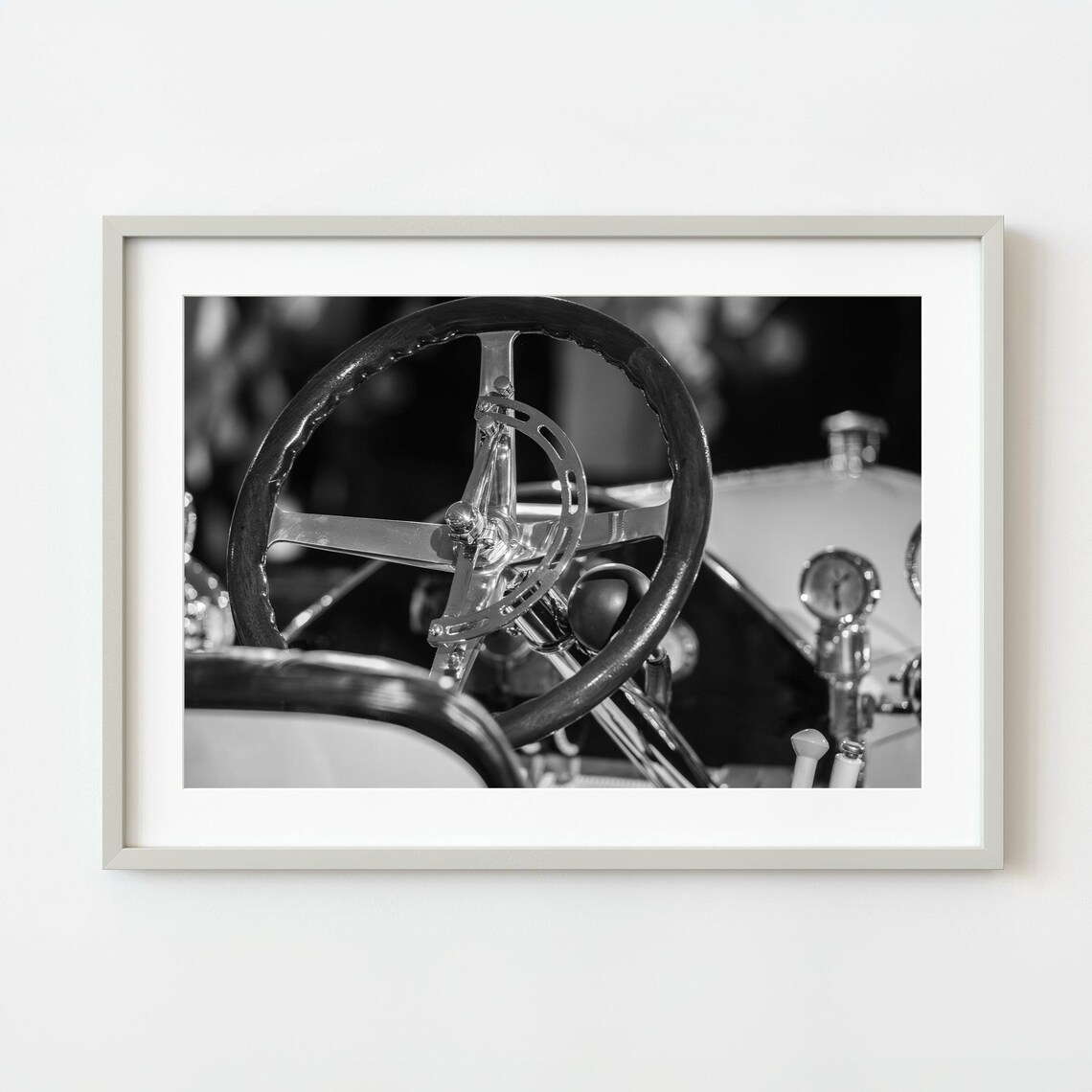 Brass Era Race Car Wooden Steering Wheel Monochrome Photo Poster