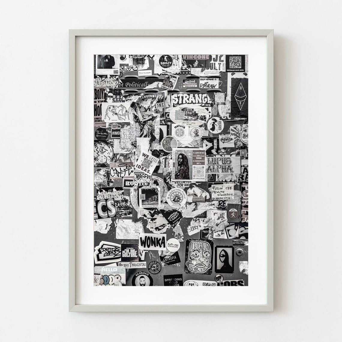 Black and White Sticker Bomb Collage Urban Street Art Poster