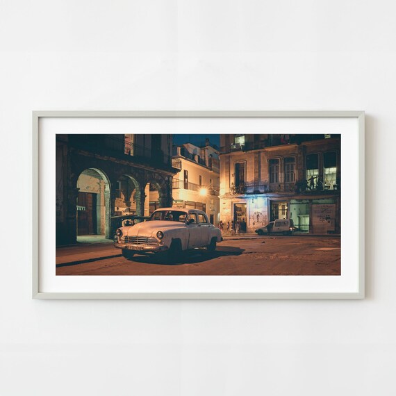 Old Havana Cuba District Night Vintage Car Street Lamp Glow Poster