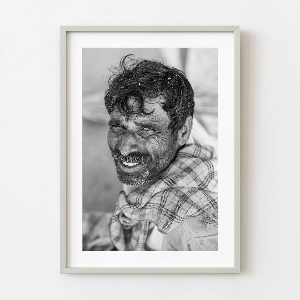 Weathered Smiling Man Checkered Scarf Black White Portrait Poster