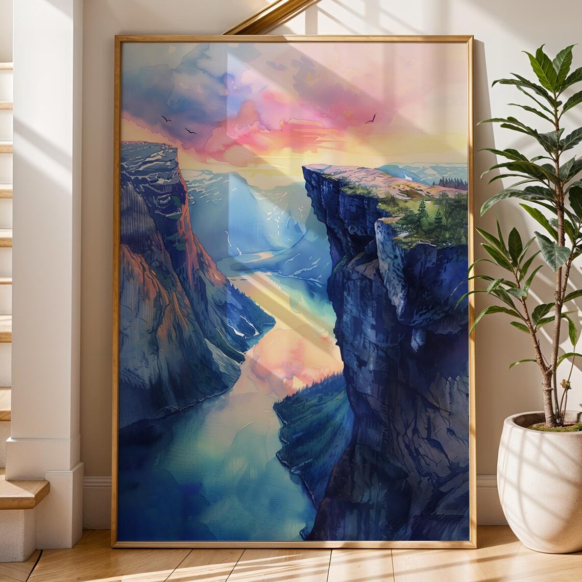 Trolltunga Norway Watercolor Dramatic Fjord Cliff Sunset Poster