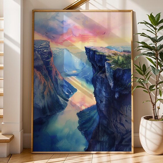 Trolltunga Norway Watercolor Print Scandinavian Fjord Landscape Wall Art Nordic Sunset Mountain Decor