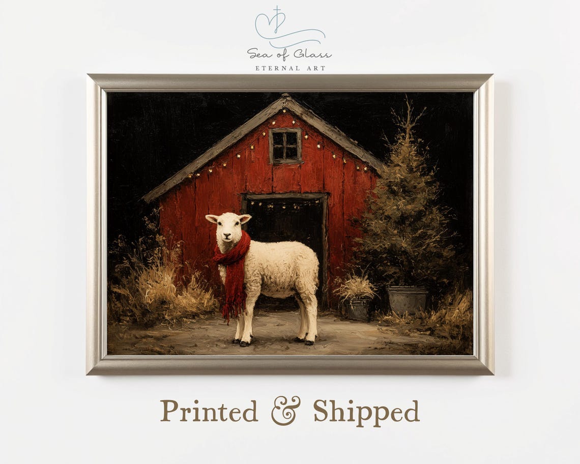 White Lamb In Red Scarf Before Red Barn Winter Night Rustic Farm Print