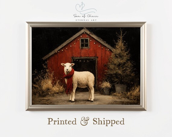 White Lamb In Red Scarf Before Red Barn Winter Night Rustic Farm Print