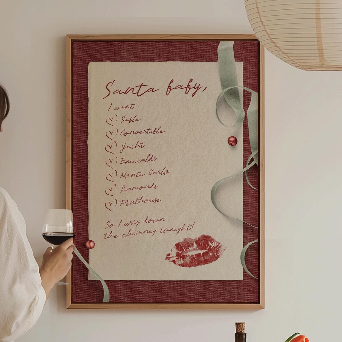 Santa Baby Wishlist Letter Christmas Lipstick Kiss Wall Art Poster
