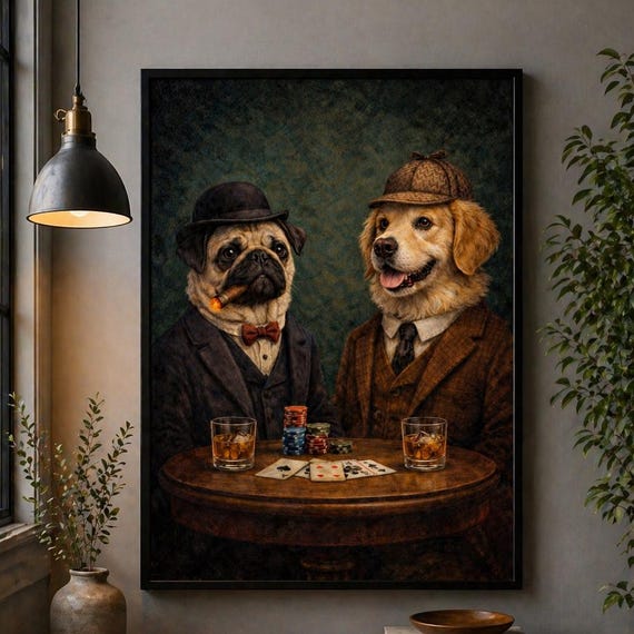 Funny Dog Poker Wall Art Vintage Style Animal Painting Cool Bar Decor Whimsical Pet Portrait Print