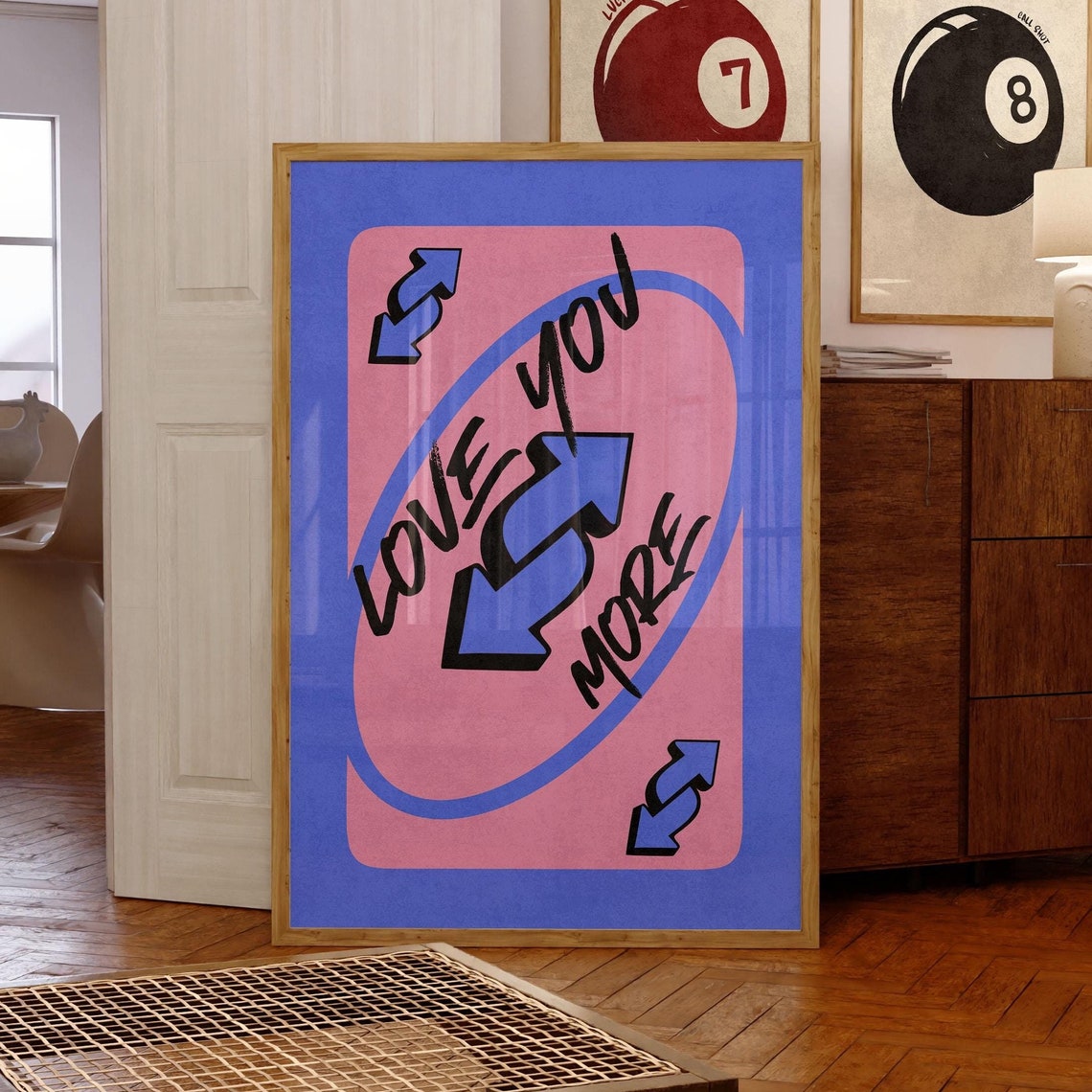 Love You More Blue and Pink UNO Style Reverse Card Art Poster