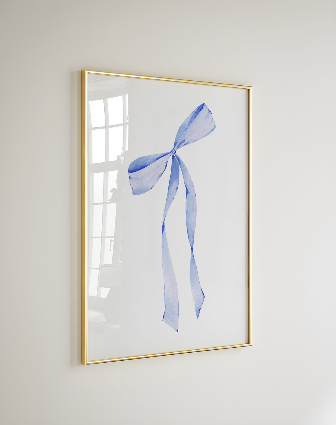 Single Blue Watercolor Bow Long Flowing Ribbons Minimalist Poster