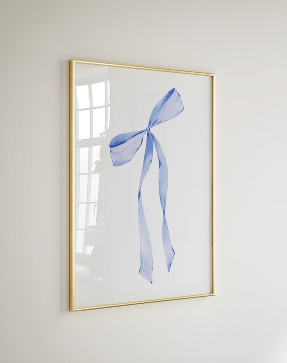 Single Blue Watercolor Bow Long Flowing Ribbons Minimalist Poster
