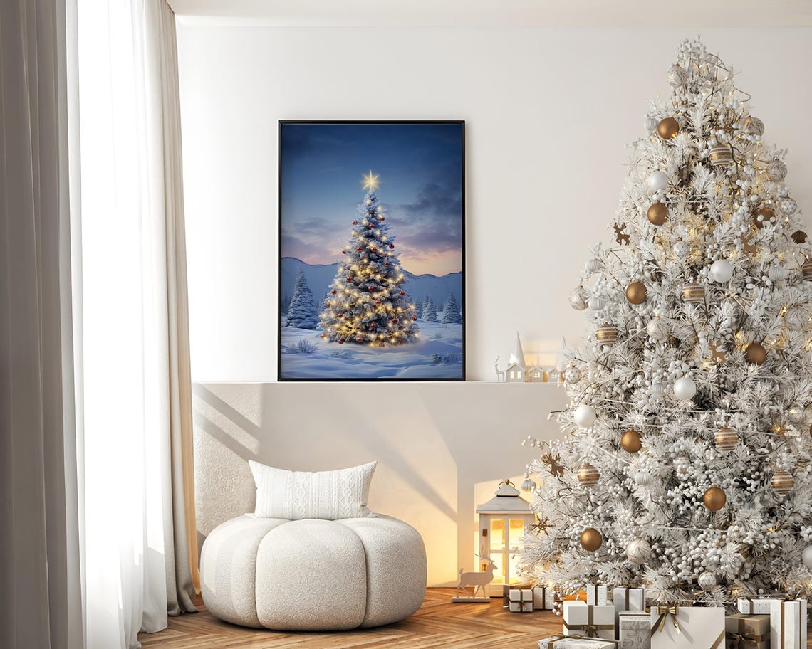 Snowy Christmas Tree With Lights Winter Dusk Landscape Poster - Image 2