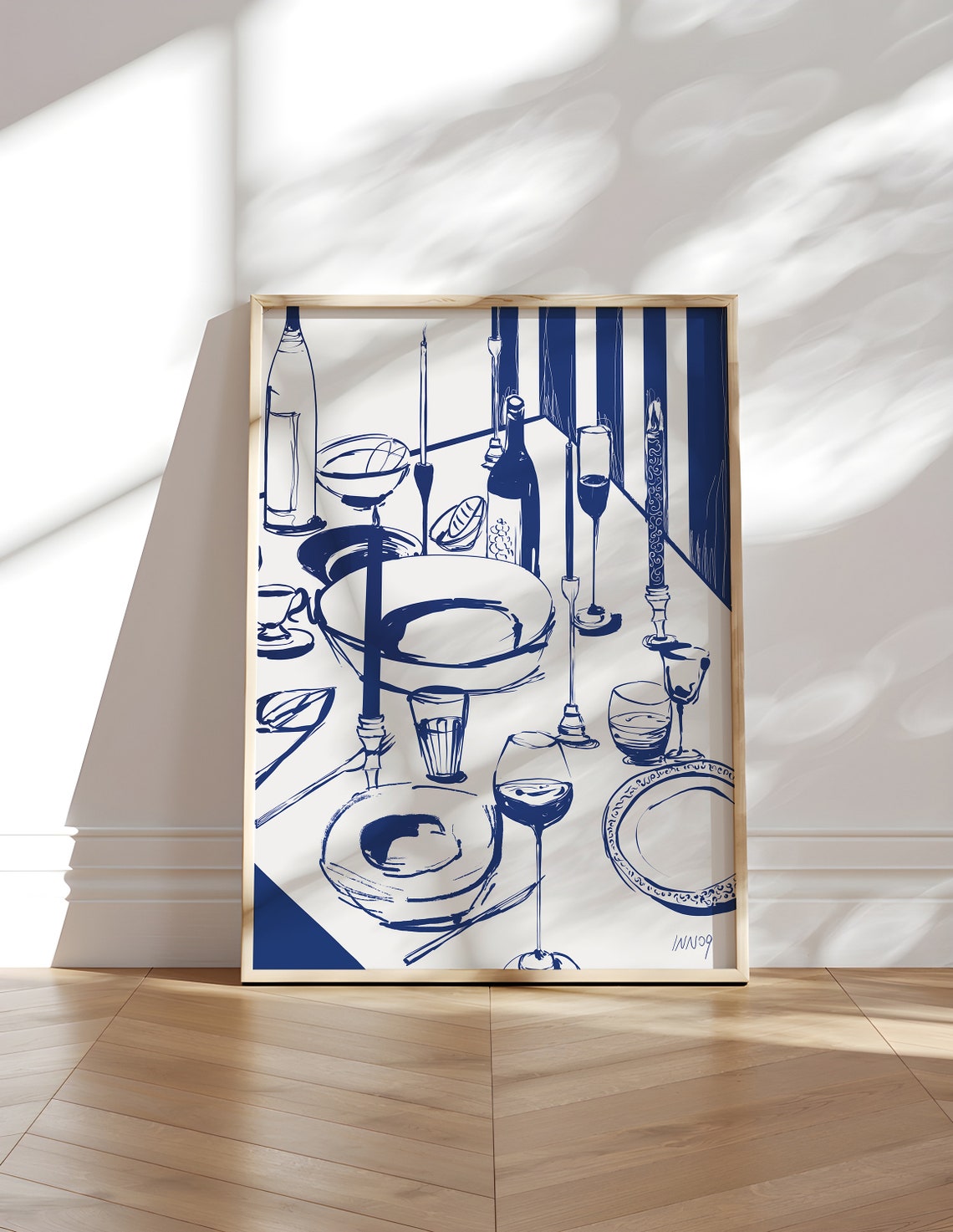 Blue Ink Dinner Table Sketch Wine Glasses Modern Kitchen Poster - Image 3
