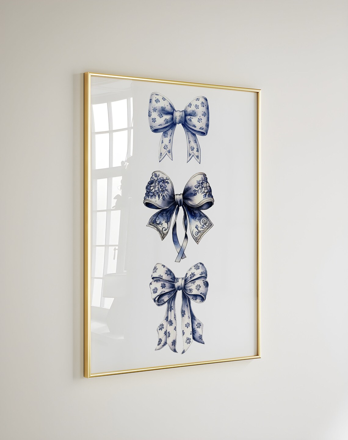 Blue Floral Porcelain Bows Vertical Trio Watercolor Art Poster