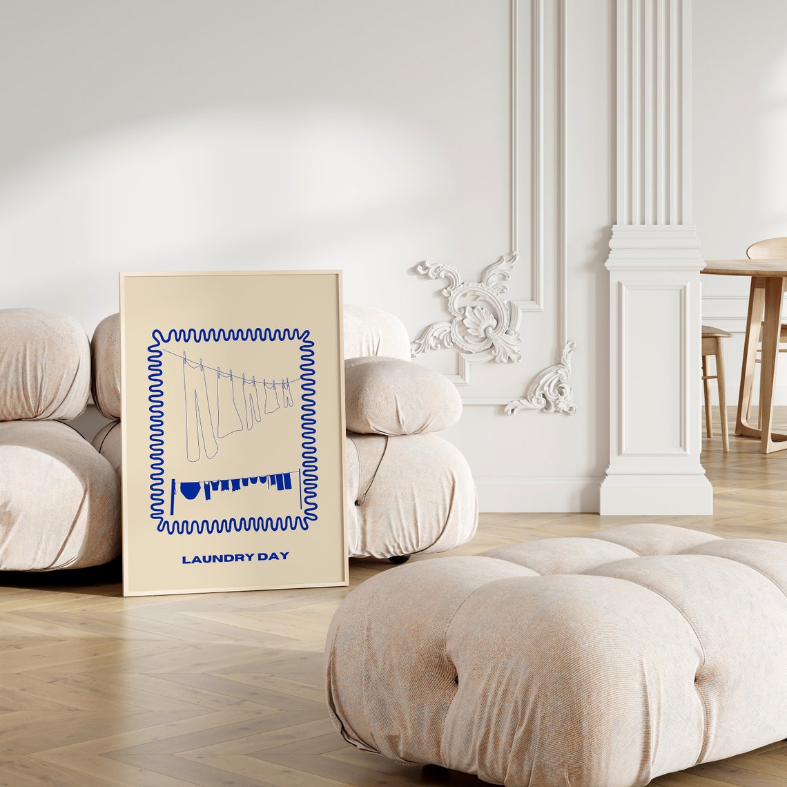 Laundry Day Blue Line Drawing Clothesline Wavy Border Poster - Image 2