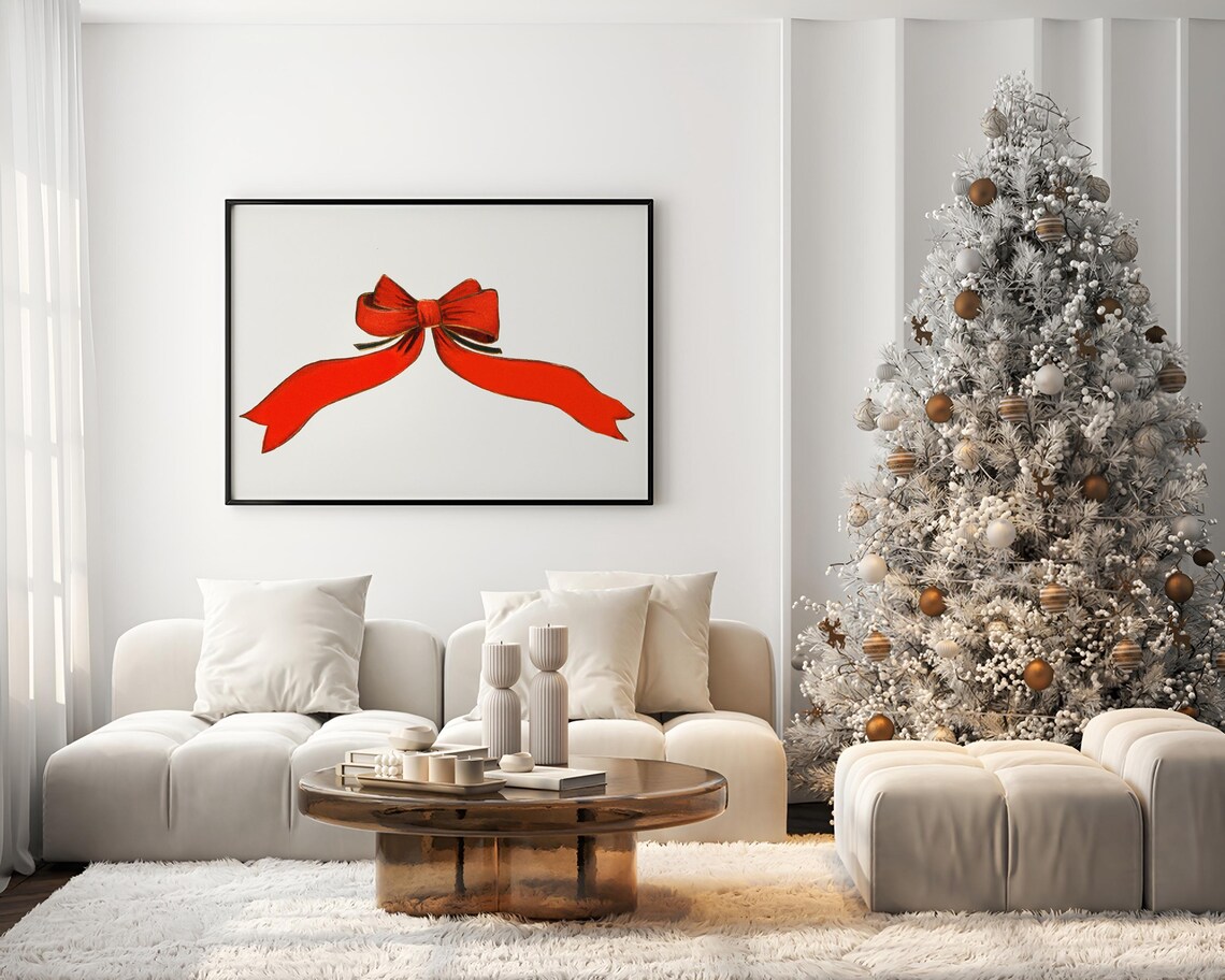 Classic Red Christmas Bow Watercolor Minimalist Holiday Poster - Image 3