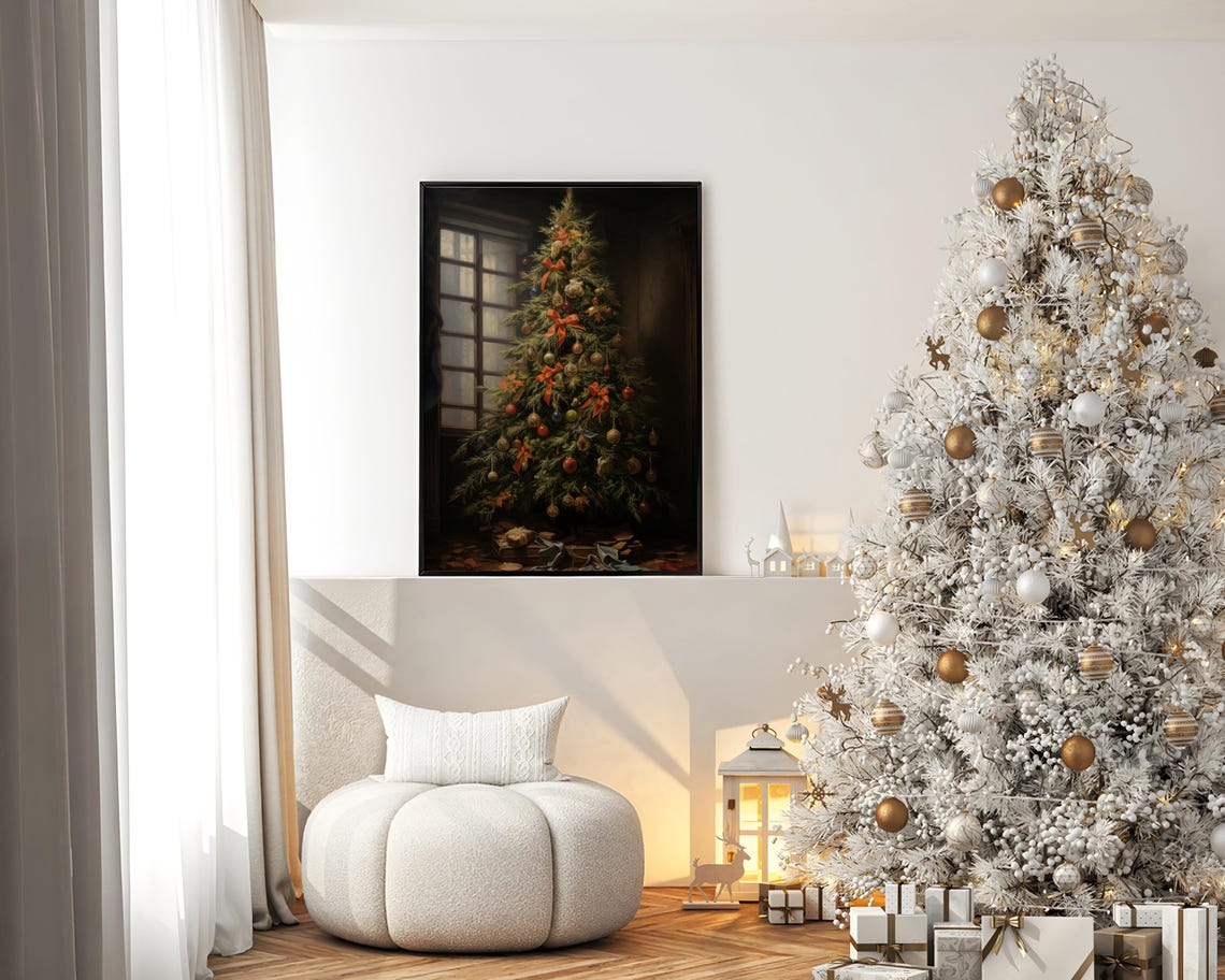 Moody Christmas Tree With Red Bows Ornaments Dark Room Poster - Image 2