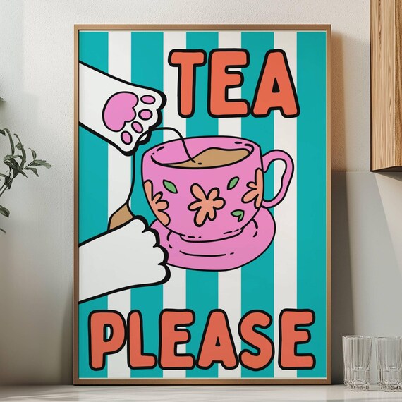 Tea Please Pink Teacup Cat Paws on Turquoise Striped Kitchen Poster