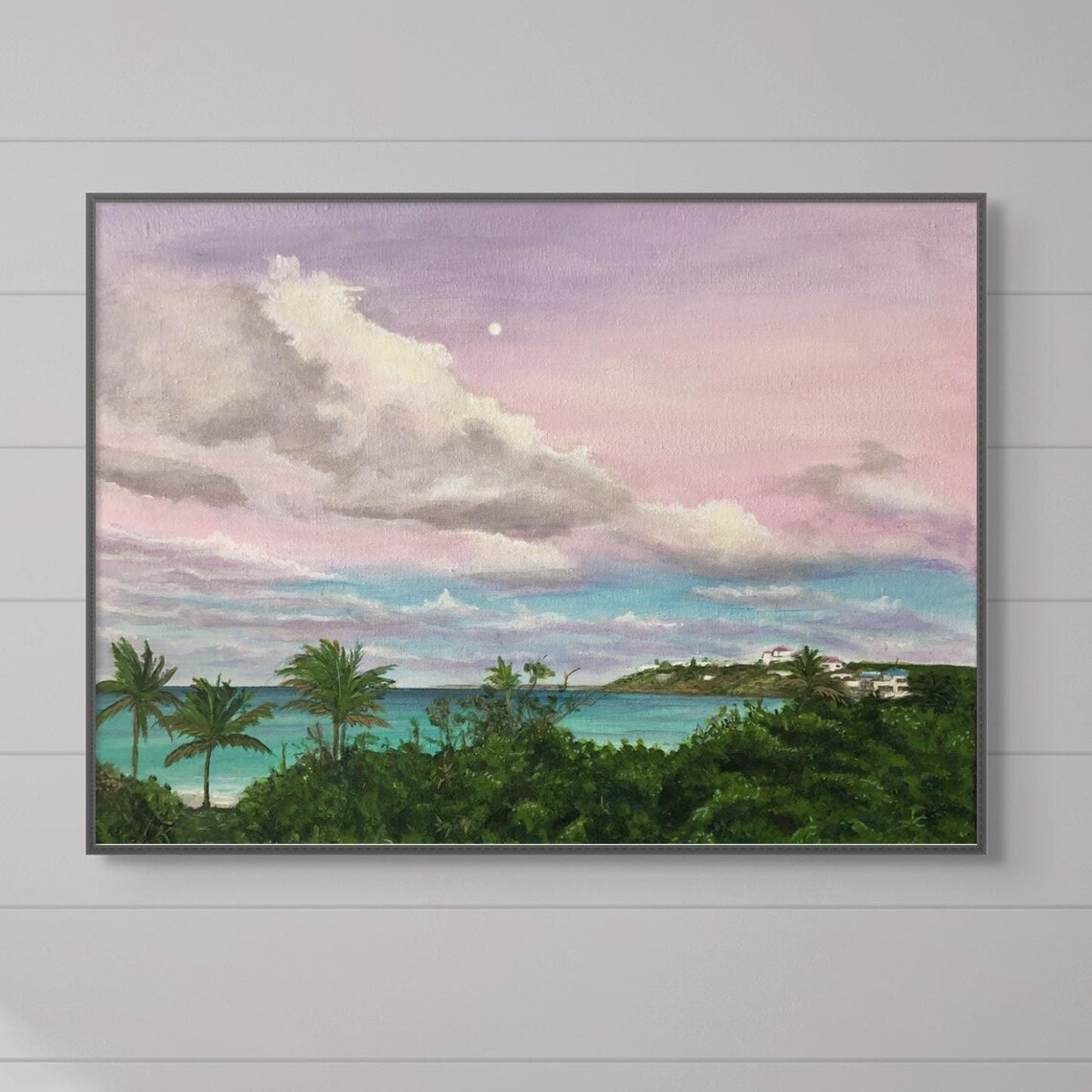 Lavender Sunset Sky Turquoise Bay Palm Trees Moonrise Beach Poster