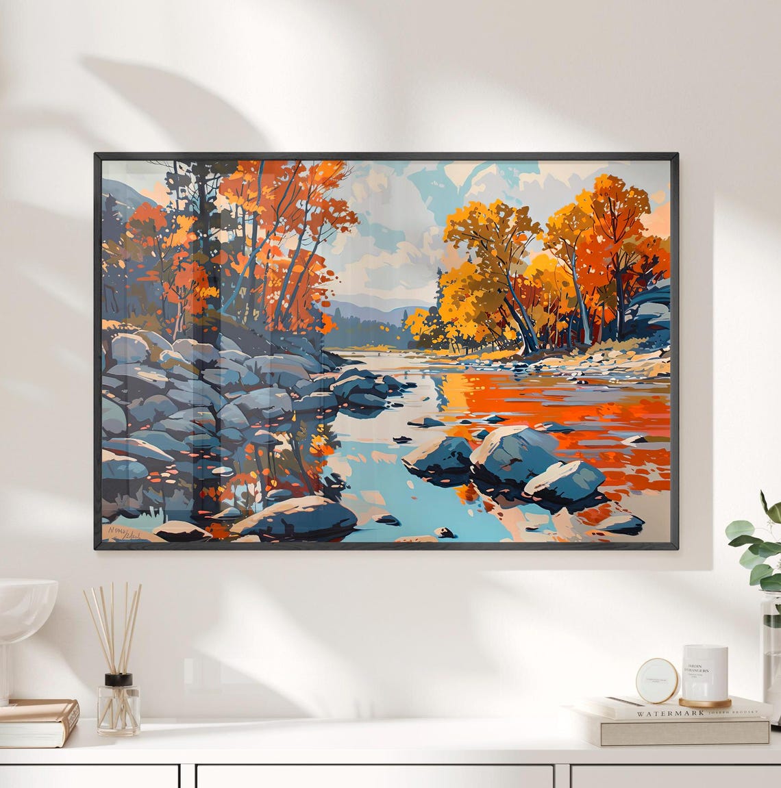 Rocky River in Autumn with Orange Foliage Colorful Landscape Poster