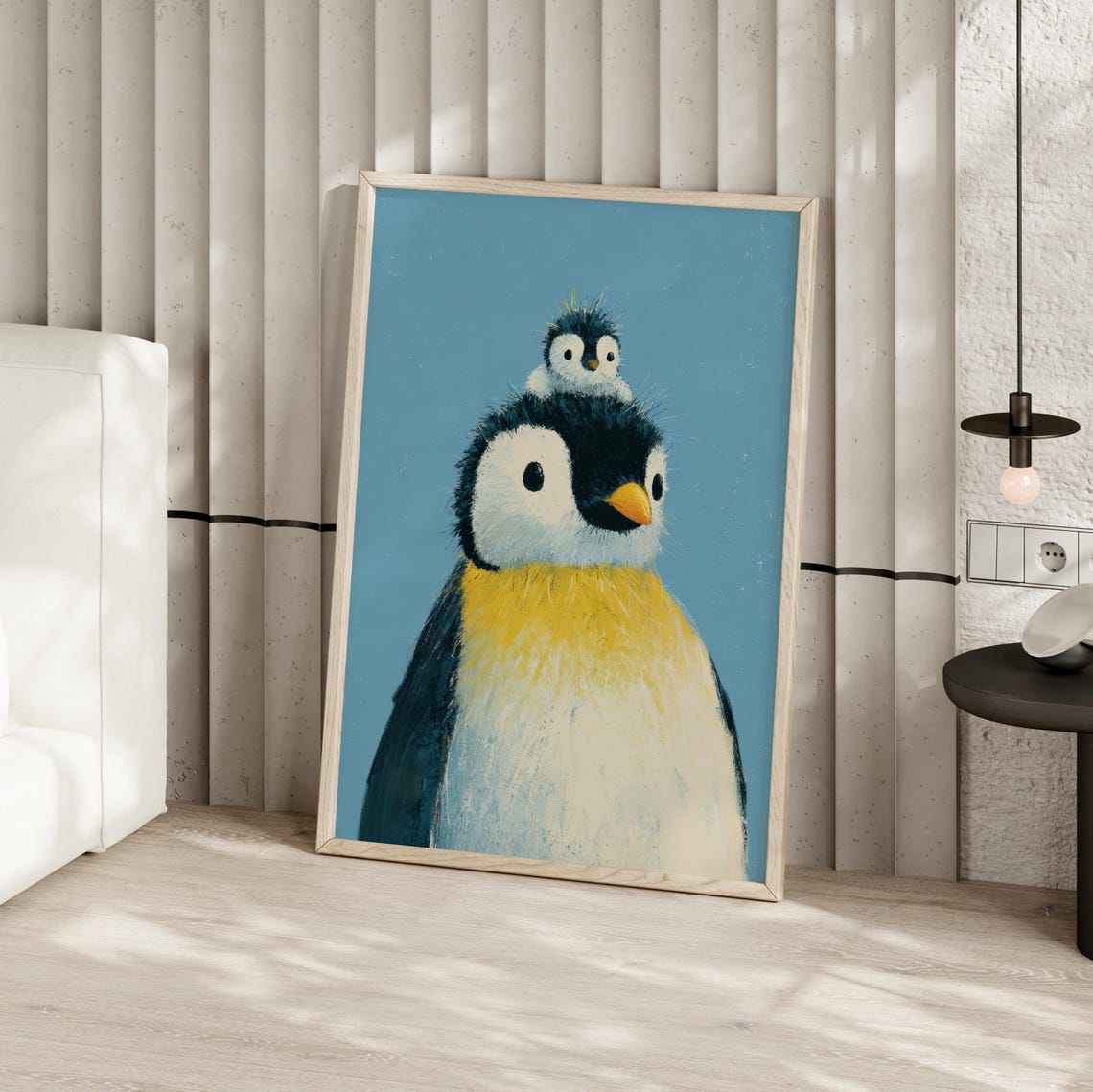 Penguin Parent With Chick Cute Nursery Animal Illustration Poster