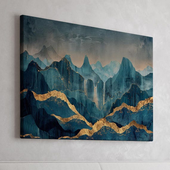 Gold And Blue Mountains Art Print Or Canvas Golden Waterfalls Nature Landscape Modern Home Decor Elegant Abstract Poster