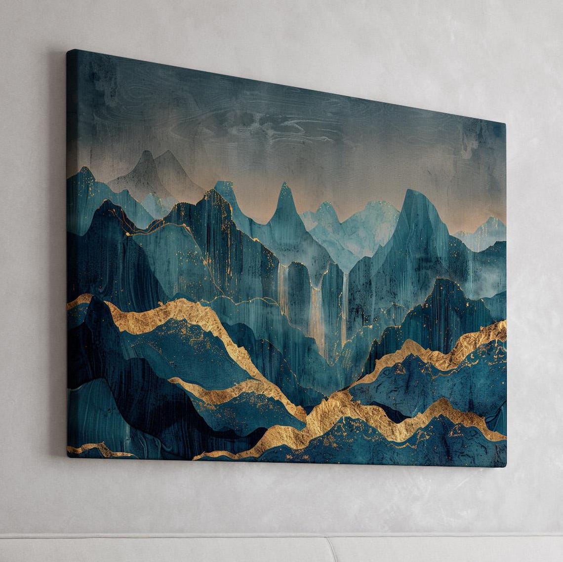 Gold and Navy Blue Abstract Mountain Landscape Modern Wall Poster