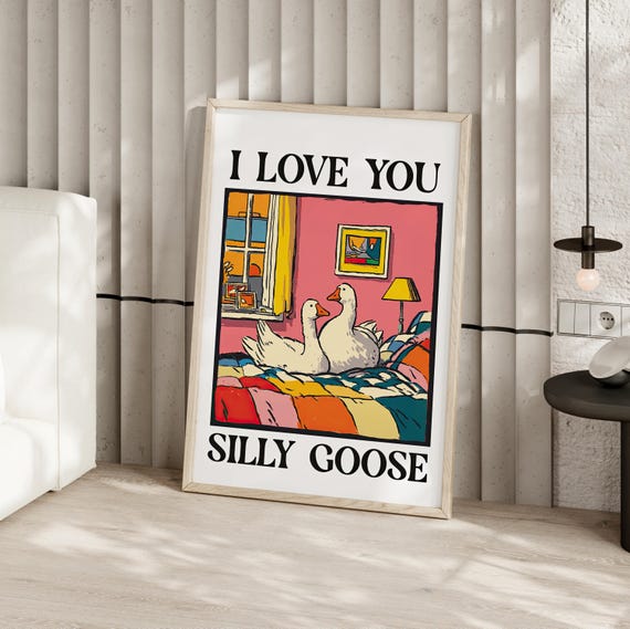 Silly Goose I Love You Wall Art Poster Or Canvas Print Pink Romantic Duck Funny Gift For Her Colorful Cute Farm Animal Decor