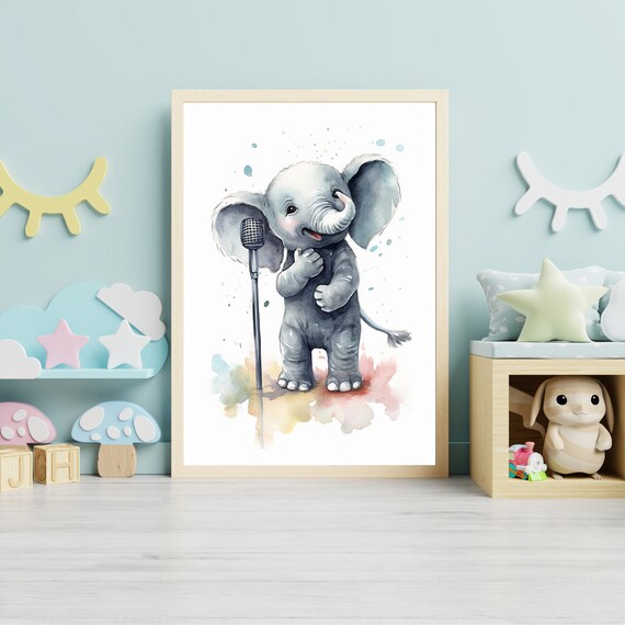 Baby Elephant Singing Into Microphone Watercolor Cute Nursery Art Poster