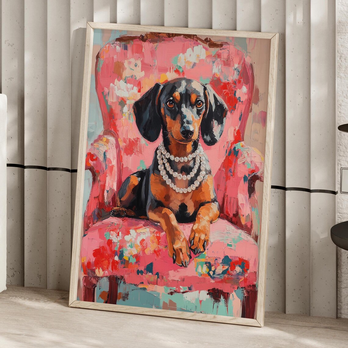 Dachshund Dog Wearing Pearls On Pink Floral Chair Oil Painting Print - Image 4