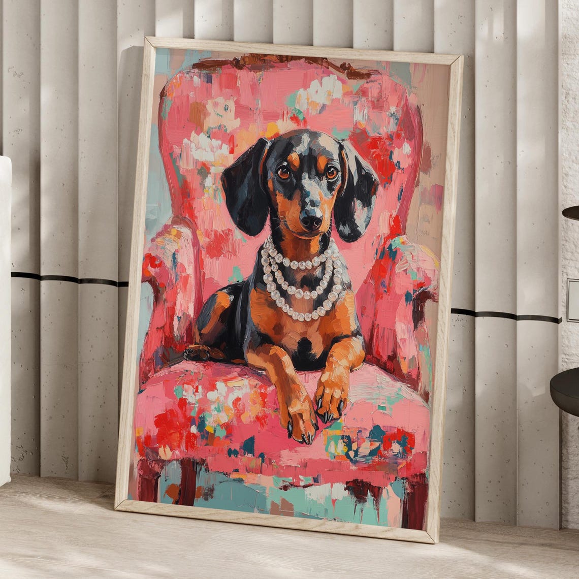 Dachshund With Pearls On A Pink Floral Chair Oil Painting Poster Or Print Fashionista Dog Portrait Painting Maximalist Home Decor - Image 4