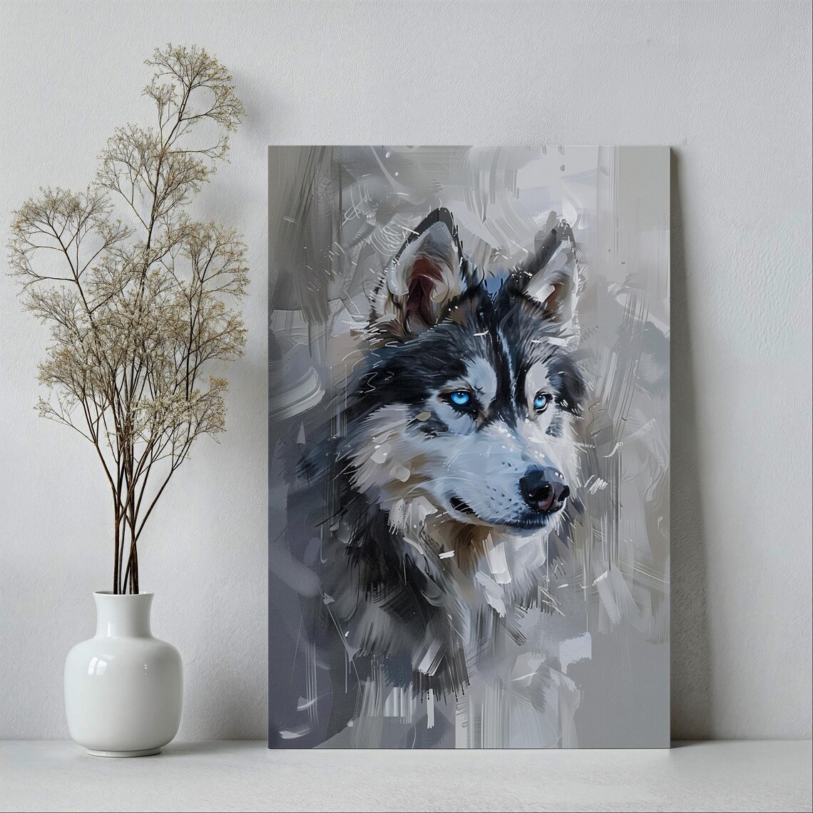 Blue-Eyed Husky Portrait Grey Brushstroke Dog Painting Poster
