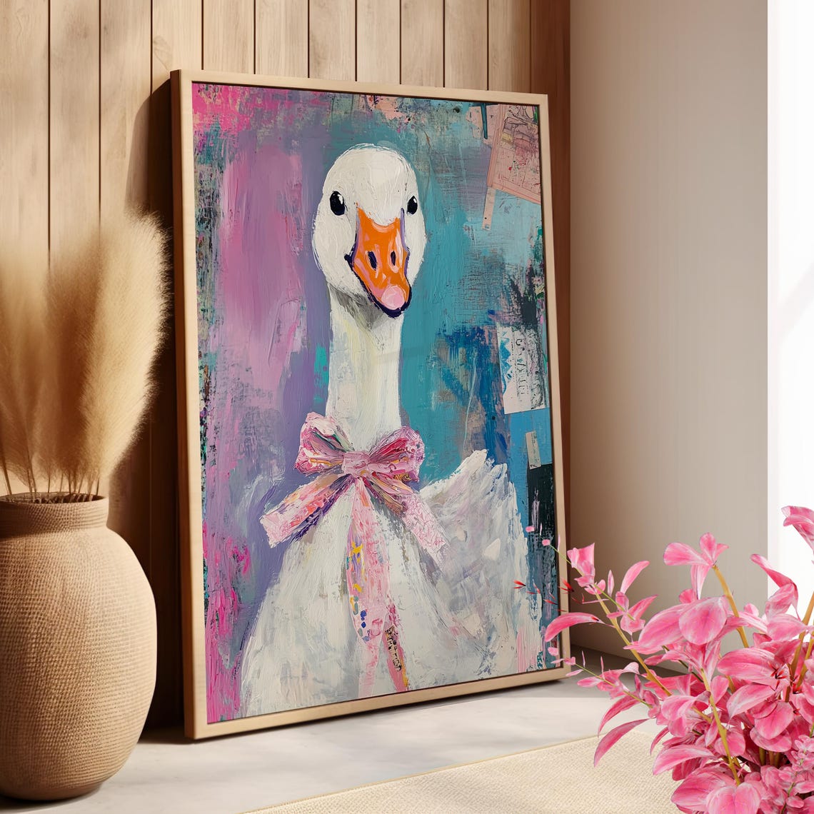 White Goose Wearing Pink Bow Colorful Pop Art Bird Portrait Poster - Image 4