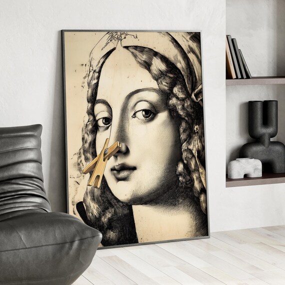 Renaissance Lady With Clothespin Nose Surreal Funny Art Poster