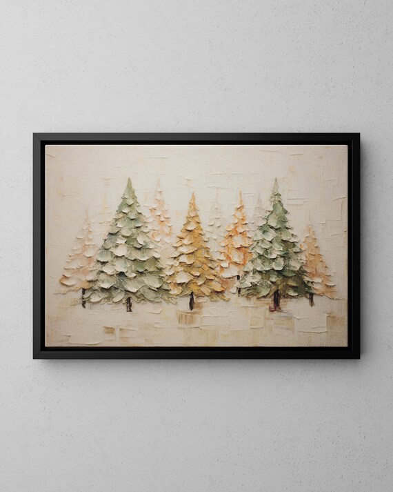 Textured Impasto Pine Forest Poster Sage Green and Gold Winter Trees